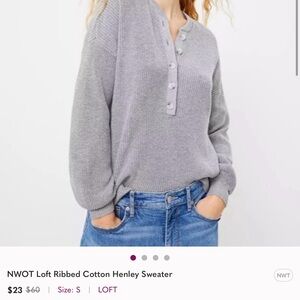 LOFT Heather Gray Ribbed Henley Sweater
